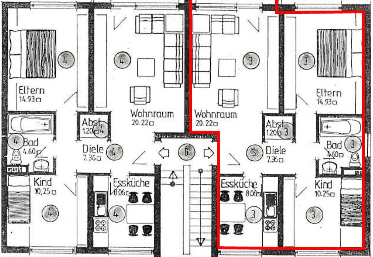 Eigentumswohnung (3 bis 4 Zimmer), Wohnung im Obergeschoss und Speicherraum im Dachgeschoss, Sondernutzungsrechte an 2 Pkw-Stellplätzen im Freien und an einer Grünfläche in Bad Essen — Bild 2